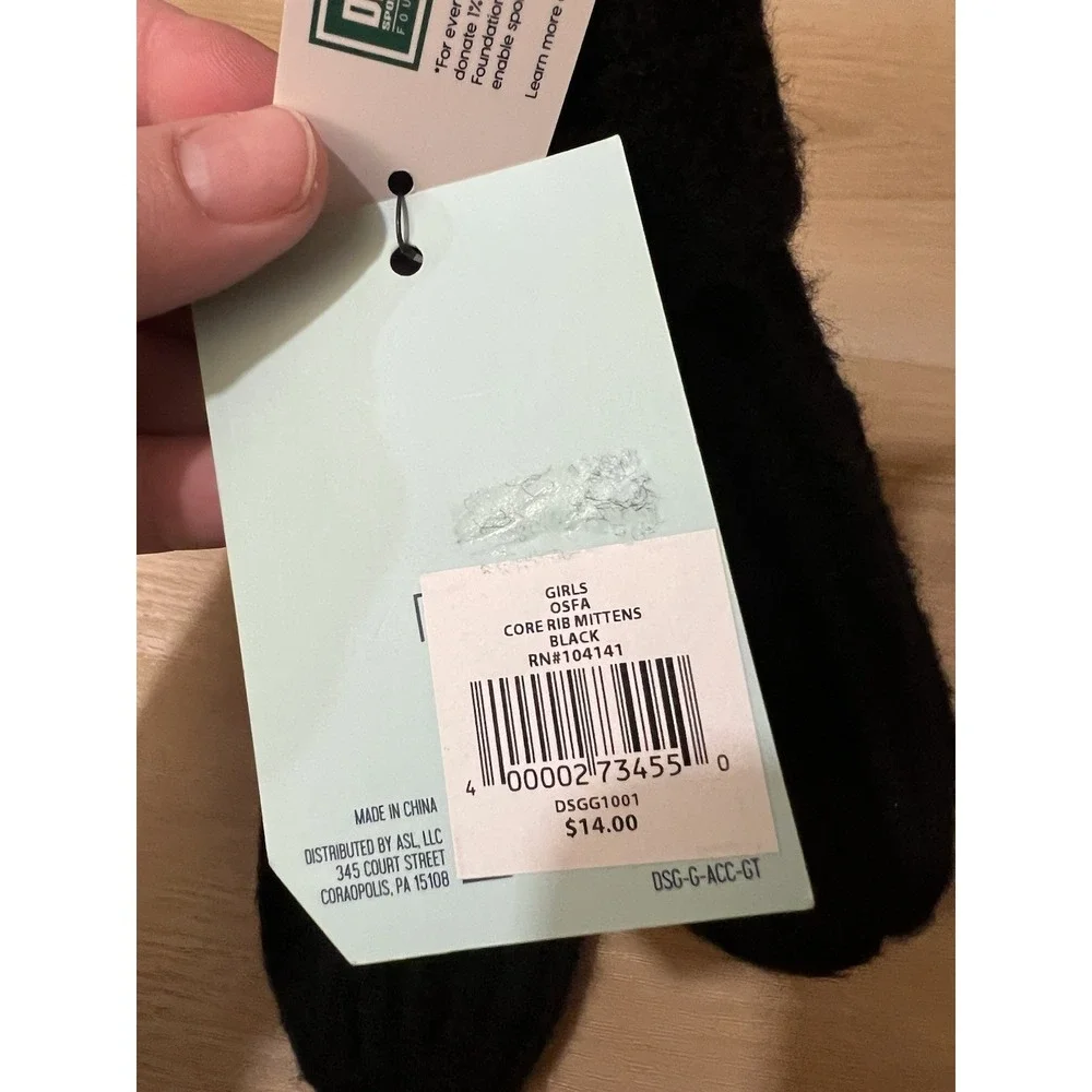 NWT DSG Girl's OS Core Rib‎ Mittens Black Winter Snow Soft New Youth Size